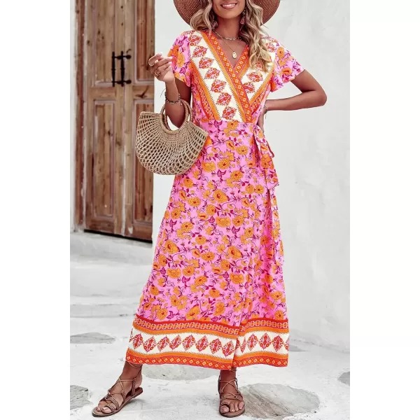 imagePRETTYGARDEN Women Boho Summer Side Split Deep V Neck Short Sleeves Maxi Dress with BeltFloral Pink