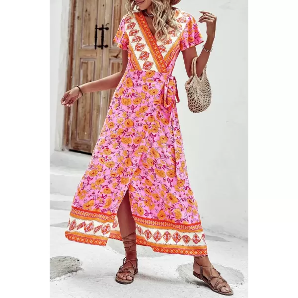imagePRETTYGARDEN Women Boho Summer Side Split Deep V Neck Short Sleeves Maxi Dress with BeltFloral Pink