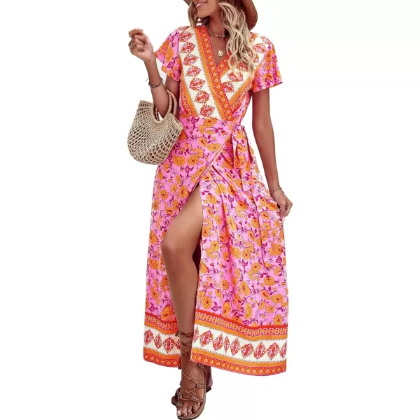 imagePRETTYGARDEN Women Boho Summer Side Split Deep V Neck Short Sleeves Maxi Dress with BeltFloral Pink