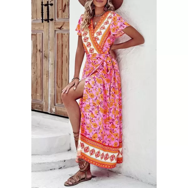 imagePRETTYGARDEN Women Boho Summer Side Split Deep V Neck Short Sleeves Maxi Dress with BeltFloral Pink