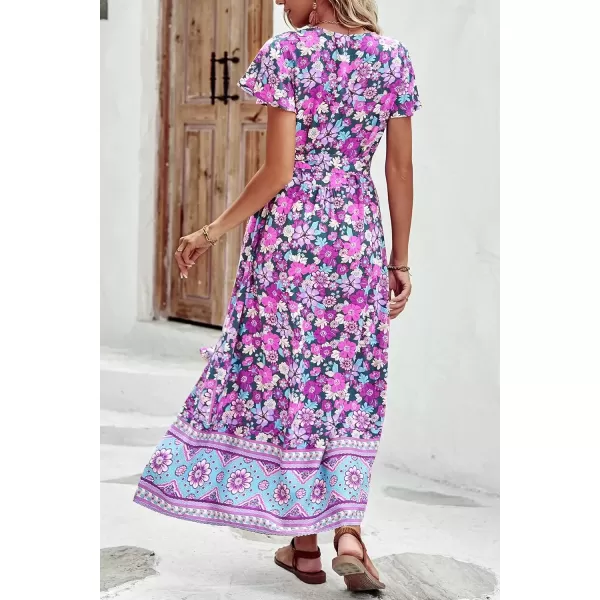 imagePRETTYGARDEN Women Boho Summer Side Split Deep V Neck Short Sleeves Maxi Dress with BeltFloral Purple