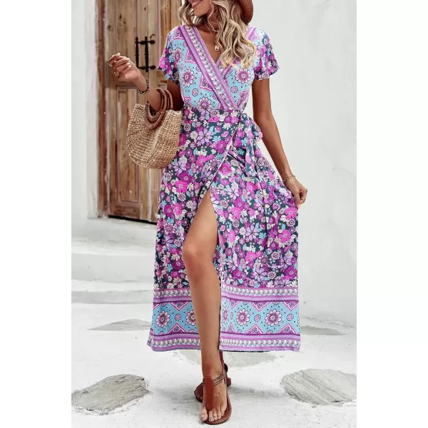 imagePRETTYGARDEN Women Boho Summer Side Split Deep V Neck Short Sleeves Maxi Dress with BeltFloral Purple