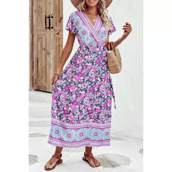 imagePRETTYGARDEN Women Boho Summer Side Split Deep V Neck Short Sleeves Maxi Dress with BeltFloral Purple