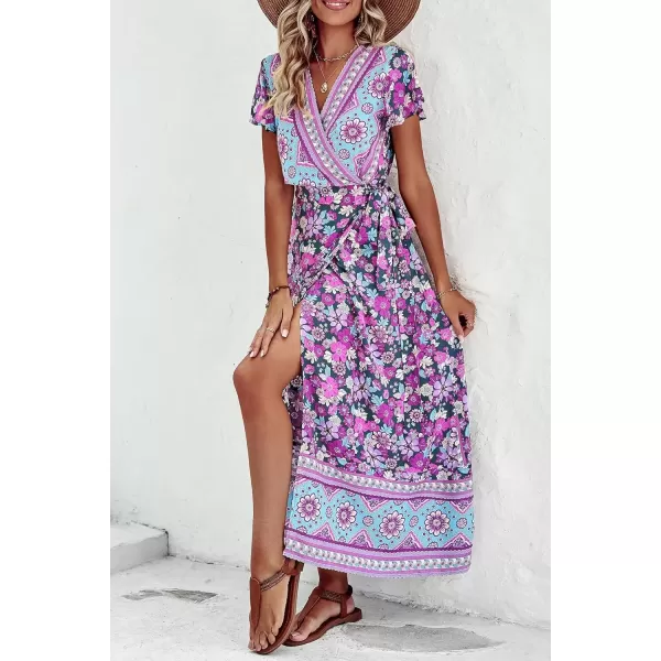 imagePRETTYGARDEN Women Boho Summer Side Split Deep V Neck Short Sleeves Maxi Dress with BeltFloral Purple