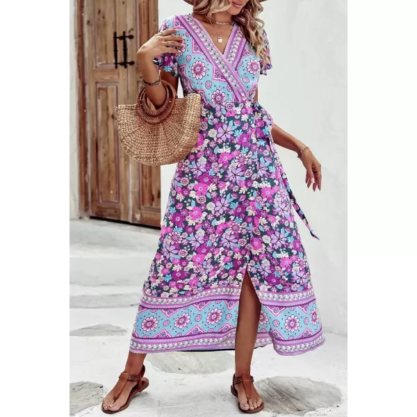 imagePRETTYGARDEN Women Boho Summer Side Split Deep V Neck Short Sleeves Maxi Dress with BeltFloral Purple