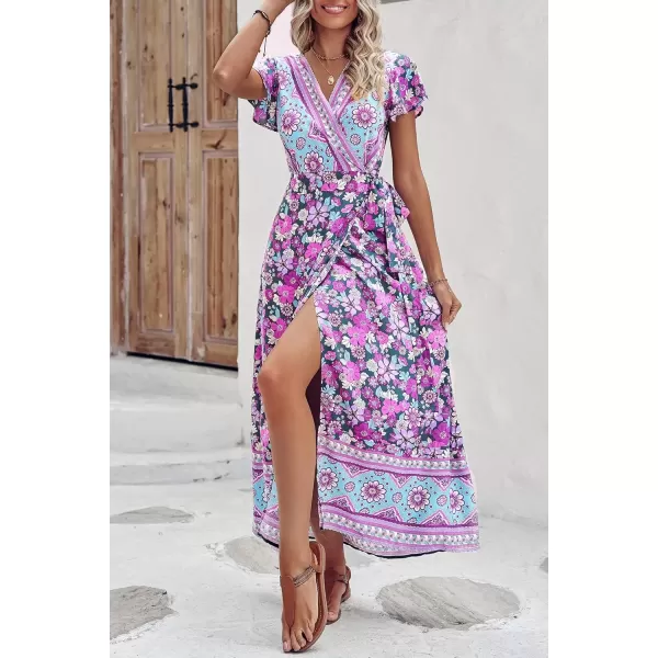 imagePRETTYGARDEN Women Boho Summer Side Split Deep V Neck Short Sleeves Maxi Dress with BeltFloral Purple
