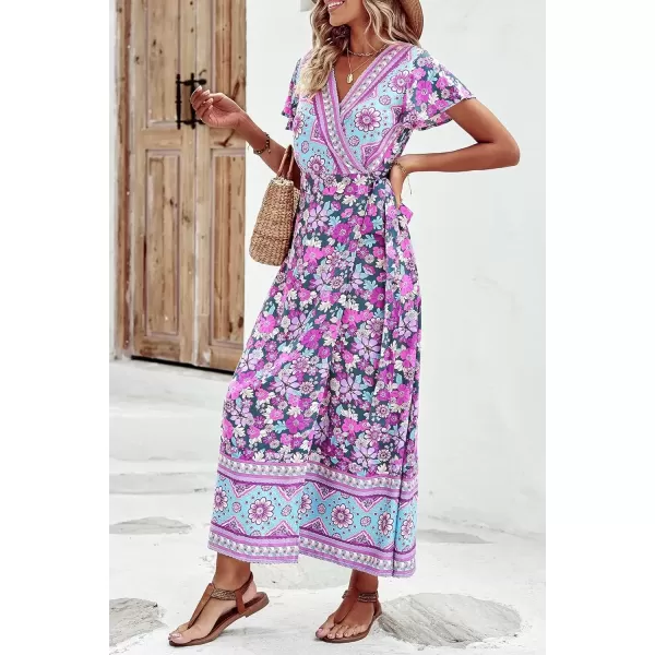 imagePRETTYGARDEN Women Boho Summer Side Split Deep V Neck Short Sleeves Maxi Dress with BeltFloral Purple