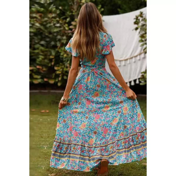 imagePRETTYGARDEN Women Boho Summer Side Split Deep V Neck Short Sleeves Maxi Dress with BeltGreen