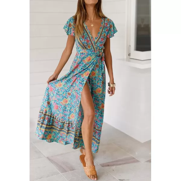 imagePRETTYGARDEN Women Boho Summer Side Split Deep V Neck Short Sleeves Maxi Dress with BeltGreen