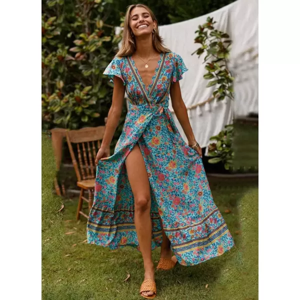 imagePRETTYGARDEN Women Boho Summer Side Split Deep V Neck Short Sleeves Maxi Dress with BeltGreen