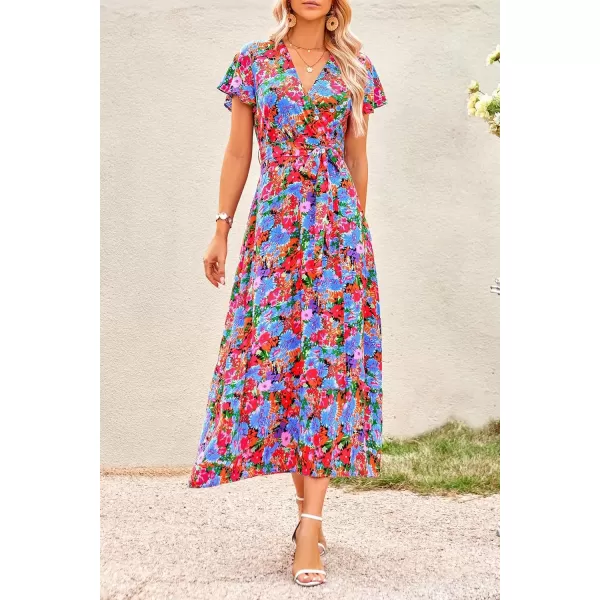 imagePRETTYGARDEN Women Boho Summer Side Split Deep V Neck Short Sleeves Maxi Dress with BeltMulti Floral