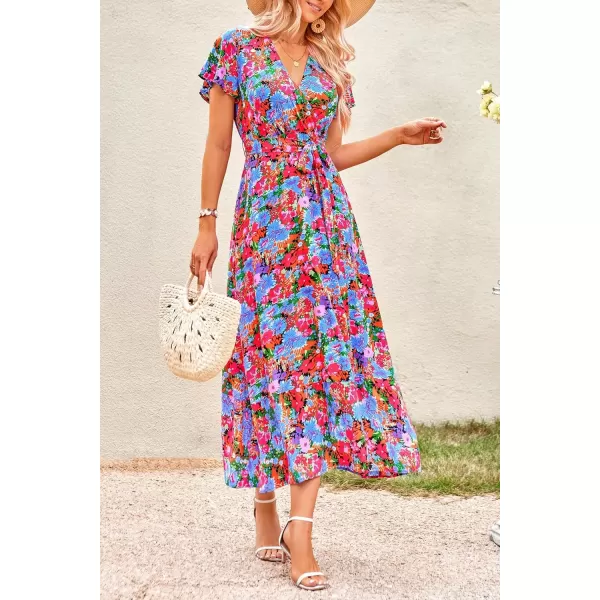 imagePRETTYGARDEN Women Boho Summer Side Split Deep V Neck Short Sleeves Maxi Dress with BeltMulti Floral