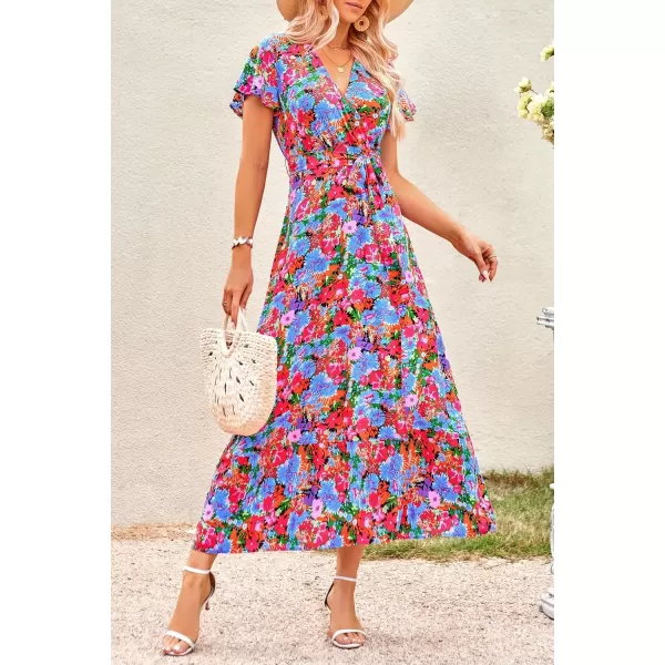 imagePRETTYGARDEN Women Boho Summer Side Split Deep V Neck Short Sleeves Maxi Dress with BeltMulti Floral