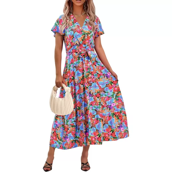 imagePRETTYGARDEN Women Boho Summer Side Split Deep V Neck Short Sleeves Maxi Dress with BeltMulti Floral