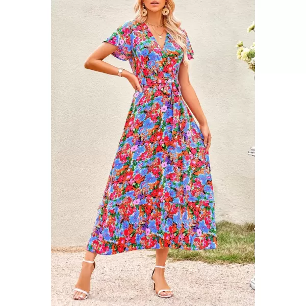 imagePRETTYGARDEN Women Boho Summer Side Split Deep V Neck Short Sleeves Maxi Dress with BeltMulti Floral