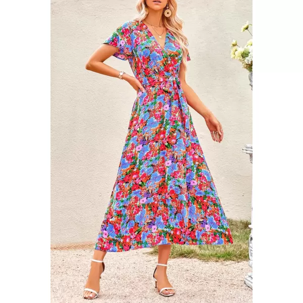 imagePRETTYGARDEN Women Boho Summer Side Split Deep V Neck Short Sleeves Maxi Dress with BeltMulti Floral