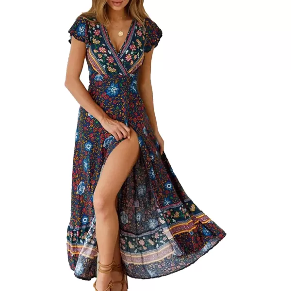 imagePRETTYGARDEN Women Boho Summer Side Split Deep V Neck Short Sleeves Maxi Dress with BeltNavy