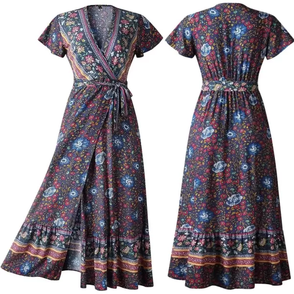 imagePRETTYGARDEN Women Boho Summer Side Split Deep V Neck Short Sleeves Maxi Dress with BeltNavy