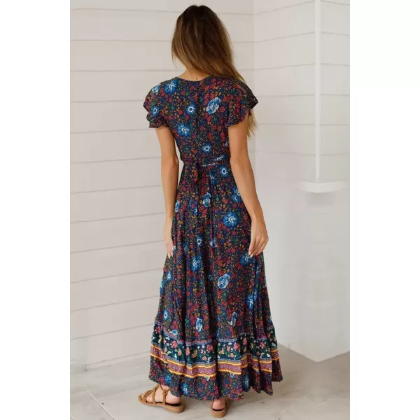 imagePRETTYGARDEN Women Boho Summer Side Split Deep V Neck Short Sleeves Maxi Dress with BeltNavy