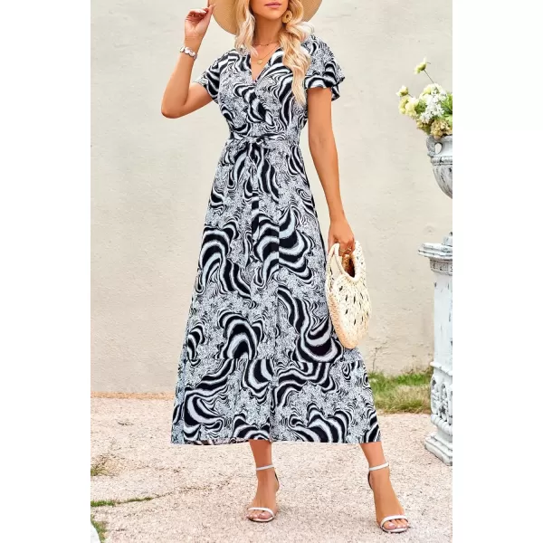 imagePRETTYGARDEN Women Boho Summer Side Split Deep V Neck Short Sleeves Maxi Dress with BeltPrint Black