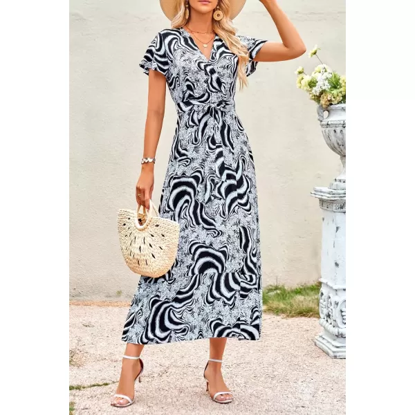 imagePRETTYGARDEN Women Boho Summer Side Split Deep V Neck Short Sleeves Maxi Dress with BeltPrint Black