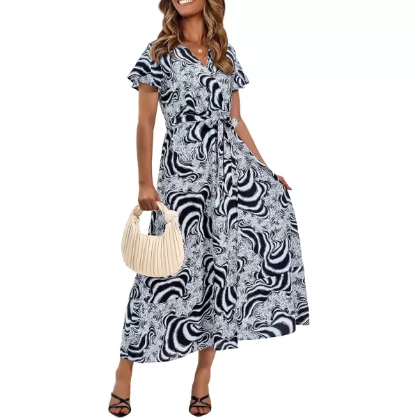 imagePRETTYGARDEN Women Boho Summer Side Split Deep V Neck Short Sleeves Maxi Dress with BeltPrint Black