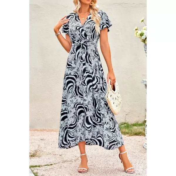 imagePRETTYGARDEN Women Boho Summer Side Split Deep V Neck Short Sleeves Maxi Dress with BeltPrint Black