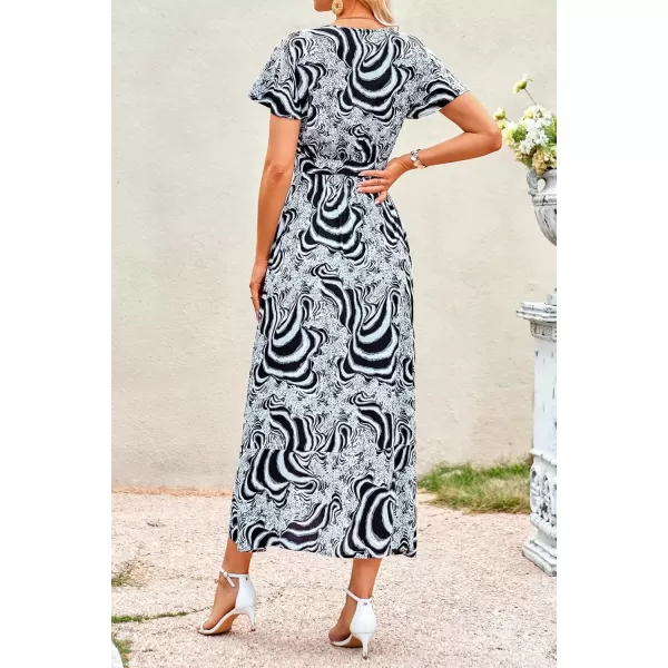 imagePRETTYGARDEN Women Boho Summer Side Split Deep V Neck Short Sleeves Maxi Dress with BeltPrint Black