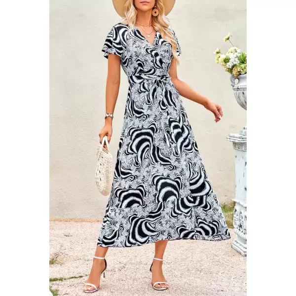 imagePRETTYGARDEN Women Boho Summer Side Split Deep V Neck Short Sleeves Maxi Dress with BeltPrint Black
