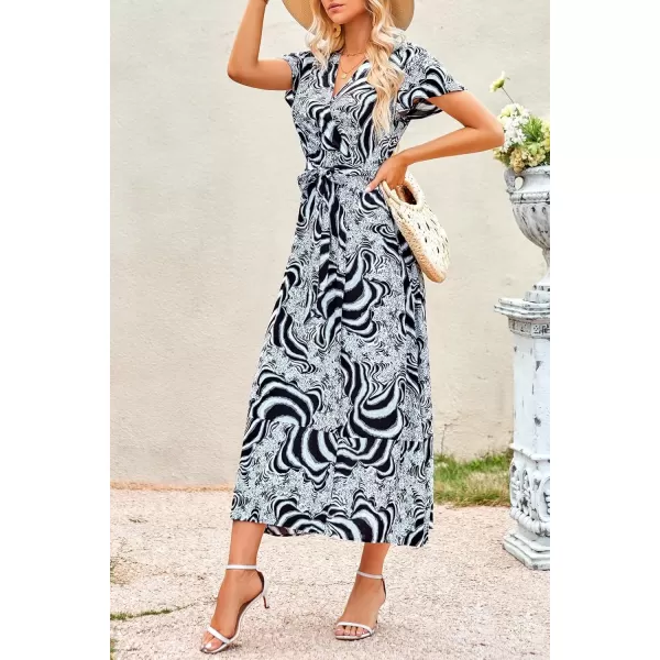 imagePRETTYGARDEN Women Boho Summer Side Split Deep V Neck Short Sleeves Maxi Dress with BeltPrint Black