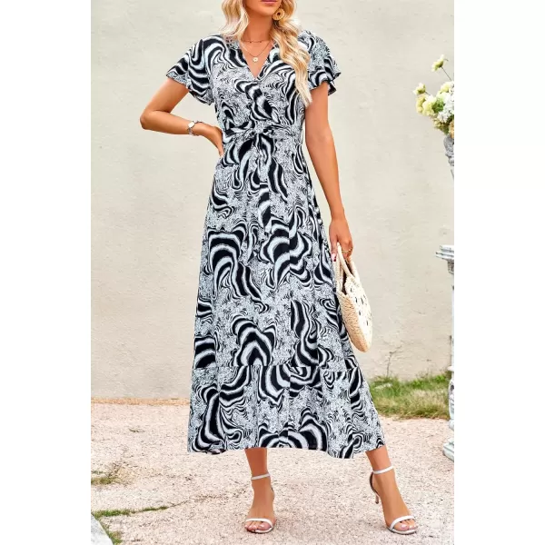 imagePRETTYGARDEN Women Boho Summer Side Split Deep V Neck Short Sleeves Maxi Dress with BeltPrint Black