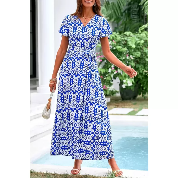 imagePRETTYGARDEN Women Boho Summer Side Split Deep V Neck Short Sleeves Maxi Dress with BeltPrint Blue