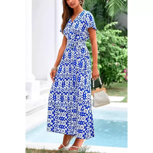imagePRETTYGARDEN Women Boho Summer Side Split Deep V Neck Short Sleeves Maxi Dress with BeltPrint Blue
