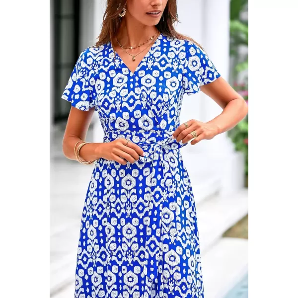 imagePRETTYGARDEN Women Boho Summer Side Split Deep V Neck Short Sleeves Maxi Dress with BeltPrint Blue