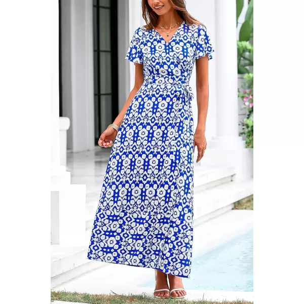 imagePRETTYGARDEN Women Boho Summer Side Split Deep V Neck Short Sleeves Maxi Dress with BeltPrint Blue