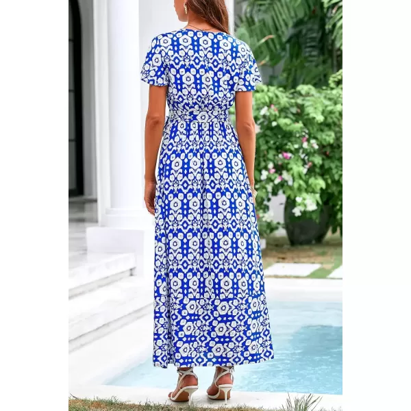 imagePRETTYGARDEN Women Boho Summer Side Split Deep V Neck Short Sleeves Maxi Dress with BeltPrint Blue