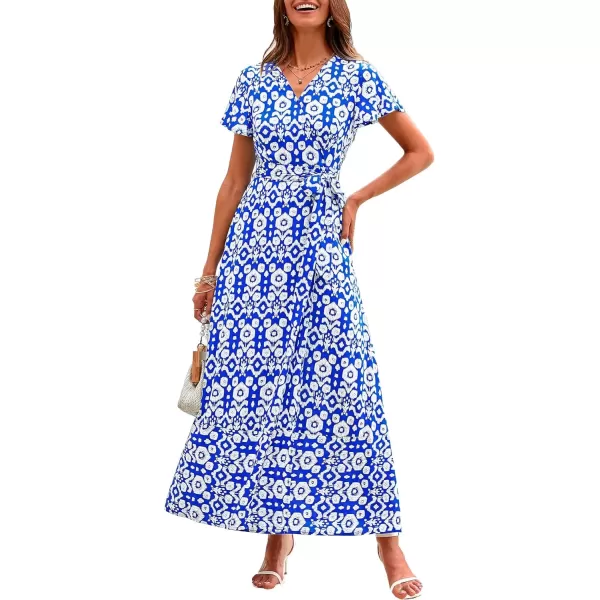 imagePRETTYGARDEN Women Boho Summer Side Split Deep V Neck Short Sleeves Maxi Dress with BeltPrint Blue