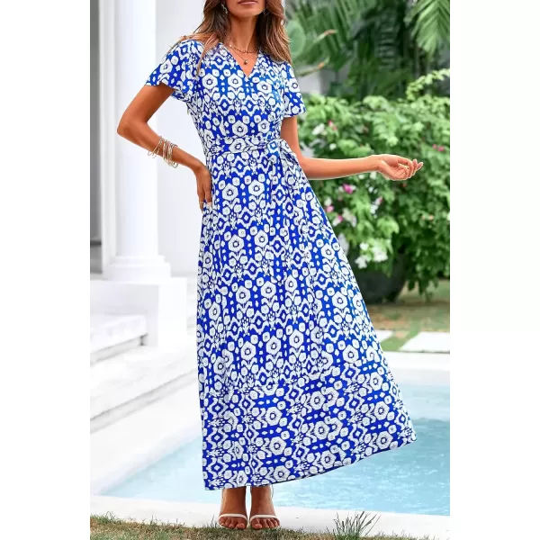 imagePRETTYGARDEN Women Boho Summer Side Split Deep V Neck Short Sleeves Maxi Dress with BeltPrint Blue