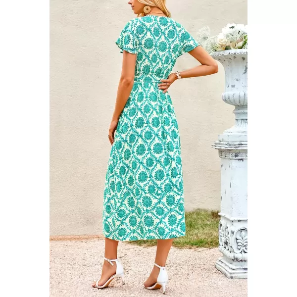 imagePRETTYGARDEN Women Boho Summer Side Split Deep V Neck Short Sleeves Maxi Dress with BeltPrint Green
