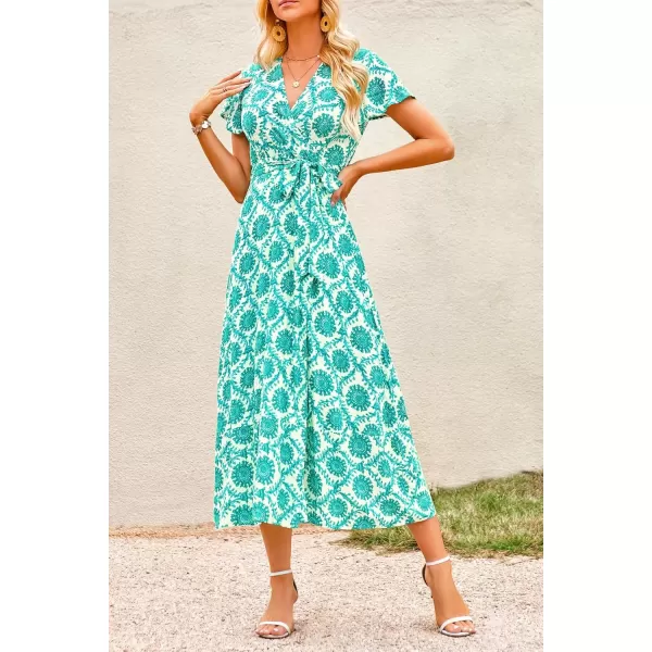imagePRETTYGARDEN Women Boho Summer Side Split Deep V Neck Short Sleeves Maxi Dress with BeltPrint Green