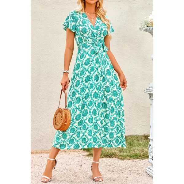 imagePRETTYGARDEN Women Boho Summer Side Split Deep V Neck Short Sleeves Maxi Dress with BeltPrint Green