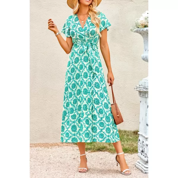 imagePRETTYGARDEN Women Boho Summer Side Split Deep V Neck Short Sleeves Maxi Dress with BeltPrint Green