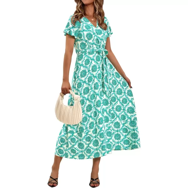 imagePRETTYGARDEN Women Boho Summer Side Split Deep V Neck Short Sleeves Maxi Dress with BeltPrint Green