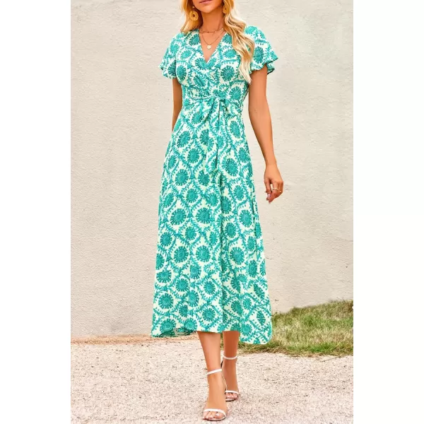 imagePRETTYGARDEN Women Boho Summer Side Split Deep V Neck Short Sleeves Maxi Dress with BeltPrint Green