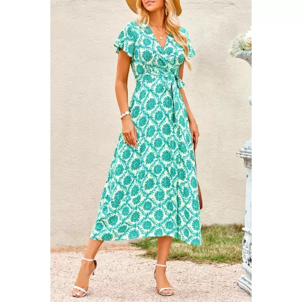 imagePRETTYGARDEN Women Boho Summer Side Split Deep V Neck Short Sleeves Maxi Dress with BeltPrint Green