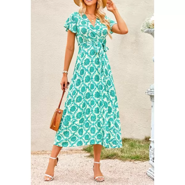 imagePRETTYGARDEN Women Boho Summer Side Split Deep V Neck Short Sleeves Maxi Dress with BeltPrint Green