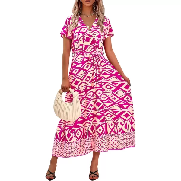 imagePRETTYGARDEN Women Boho Summer Side Split Deep V Neck Short Sleeves Maxi Dress with BeltPrint Rose Red