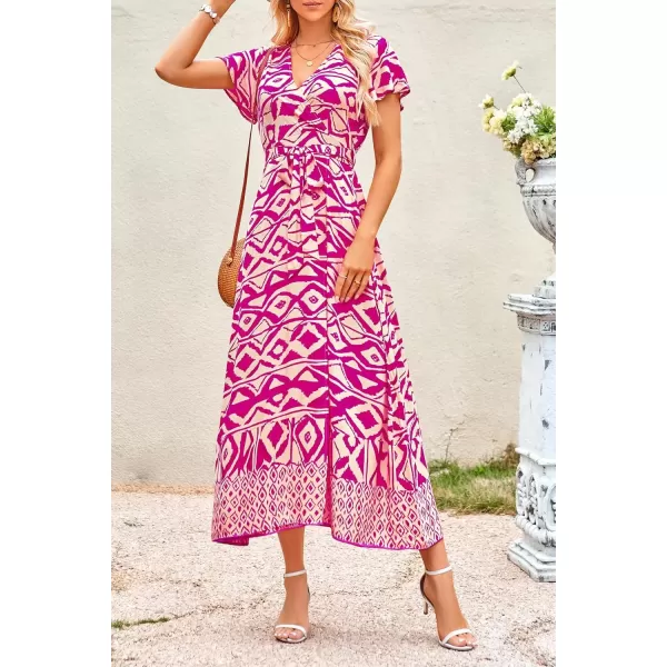imagePRETTYGARDEN Women Boho Summer Side Split Deep V Neck Short Sleeves Maxi Dress with BeltPrint Rose Red