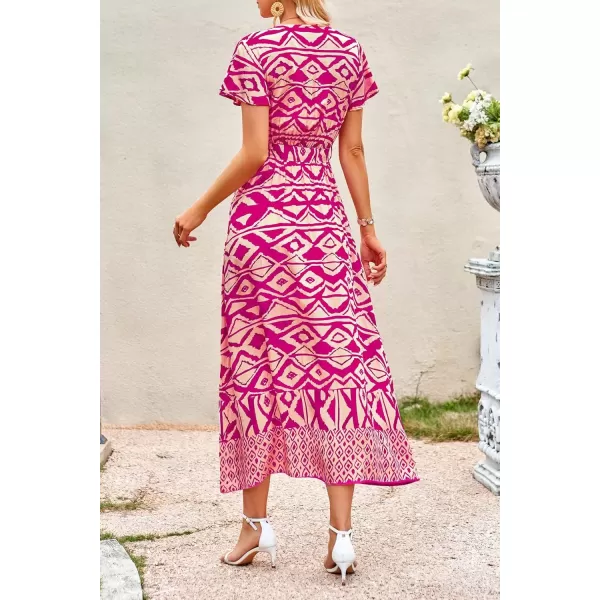imagePRETTYGARDEN Women Boho Summer Side Split Deep V Neck Short Sleeves Maxi Dress with BeltPrint Rose Red