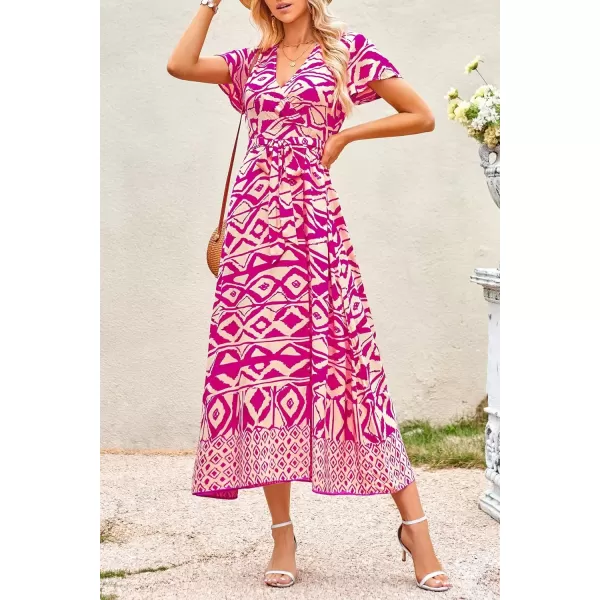 imagePRETTYGARDEN Women Boho Summer Side Split Deep V Neck Short Sleeves Maxi Dress with BeltPrint Rose Red